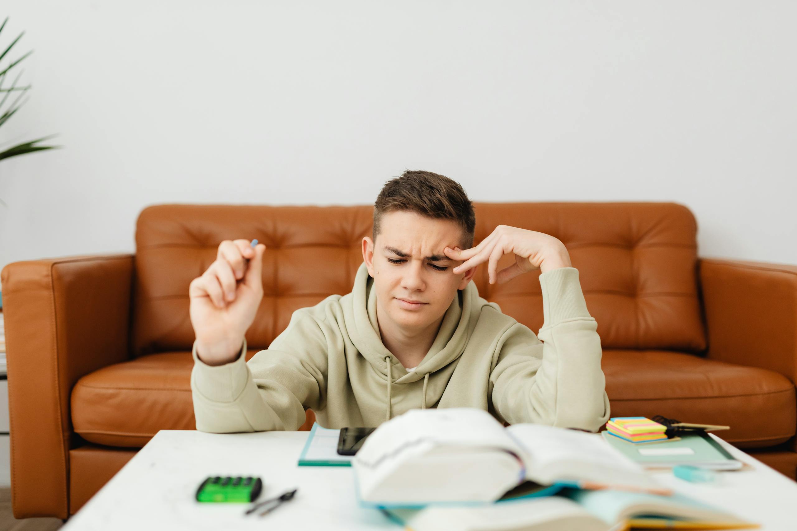 Teenage boy studying and experiencing academic struggles on a brown sofa.